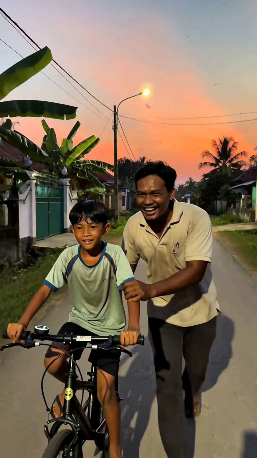 Jangan Tengok Bawah — Belajar Basikal — AI generated 9:16 film frame