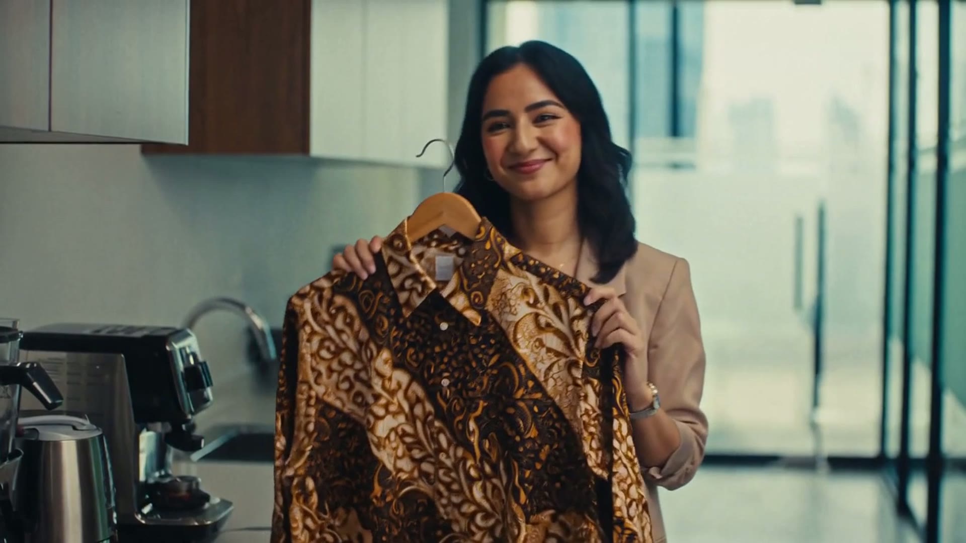 Batik Shirt — Office Friday — AI generated 16:9 film frame