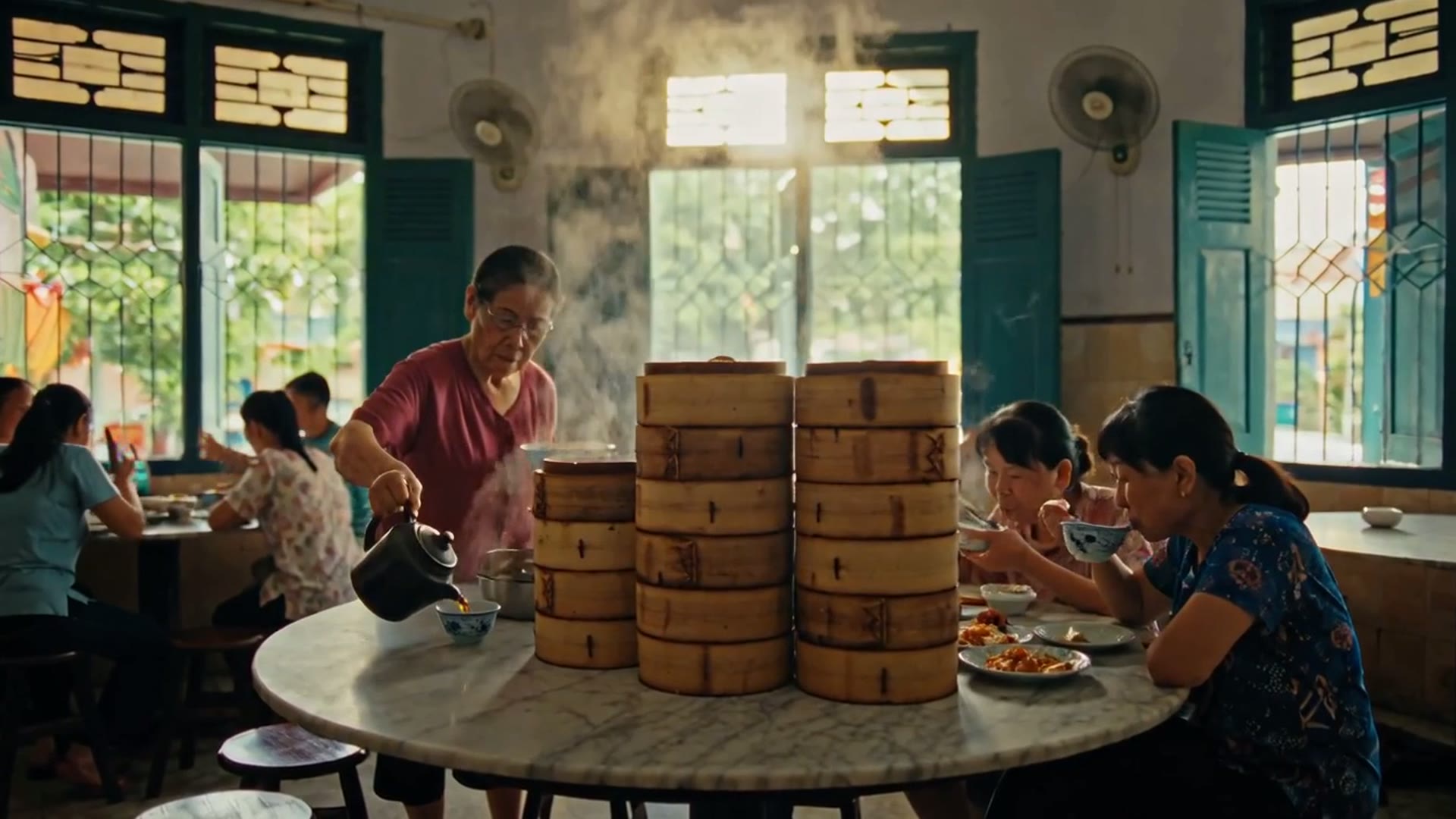 Yum Cha — Steamers & High Pour — AI generated 16:9 film frame