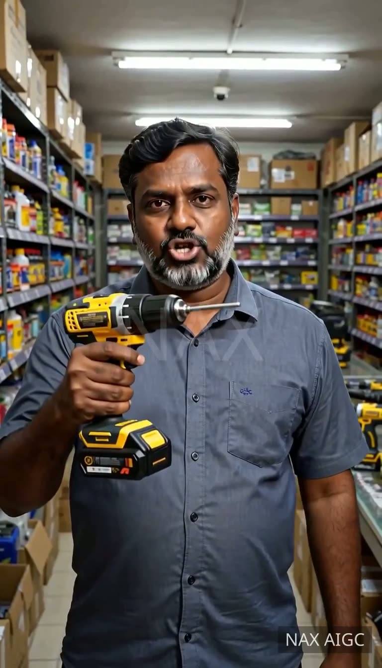 Hardware Shop — Cordless Drill Pick — AI generated 9:16 film frame