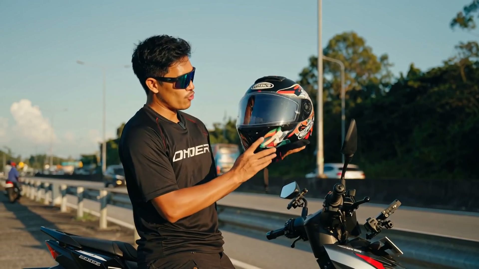 Full-Face Helmet — Highway Wind Test — AI generated 16:9 film frame
