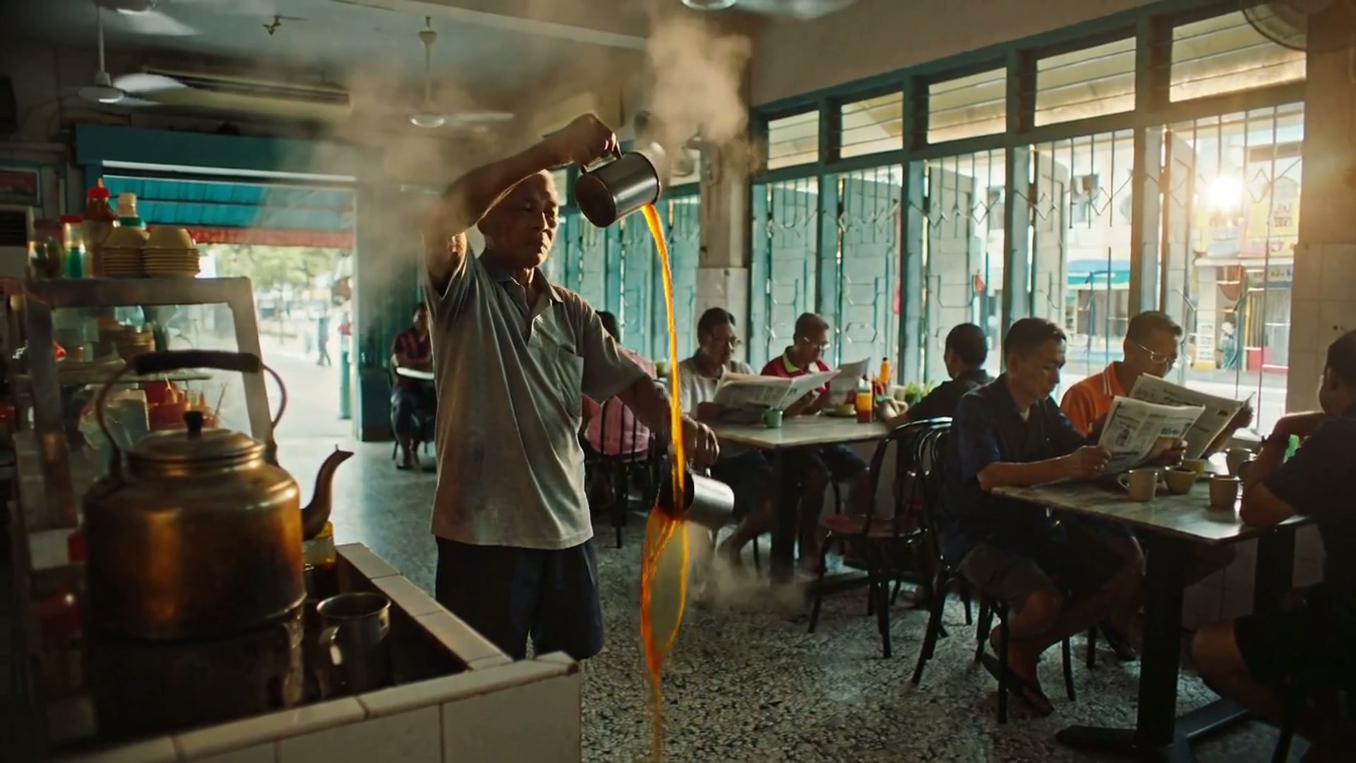 Kopitiam Pagi — Teh Tarik & Kaya Toast — AI generated 16:9 film frame