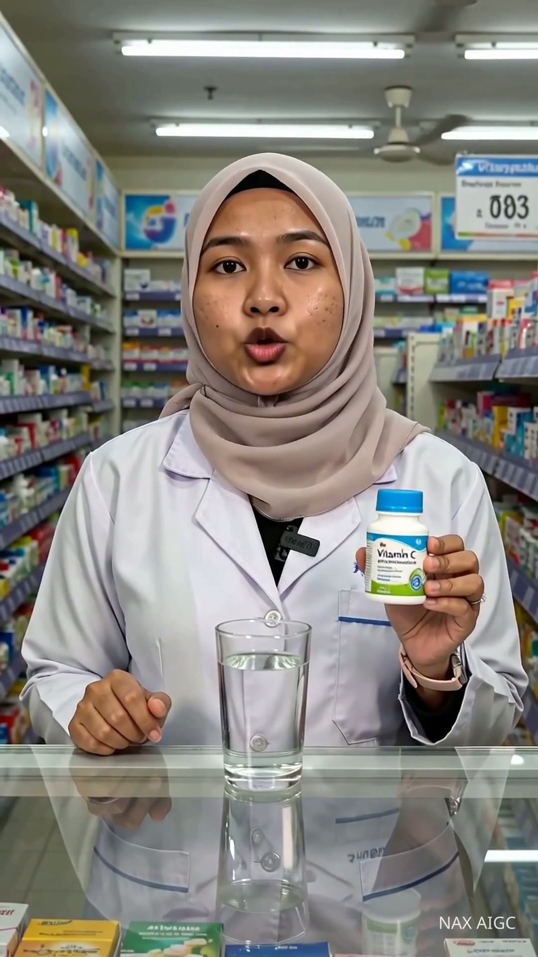Vitamin C — Pharmacy Counter Advice — AI generated 9:16 film frame