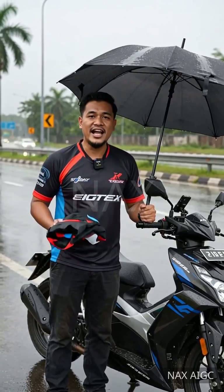 Rider in the Rain — Packable Raincoat — AI generated 9:16 film frame