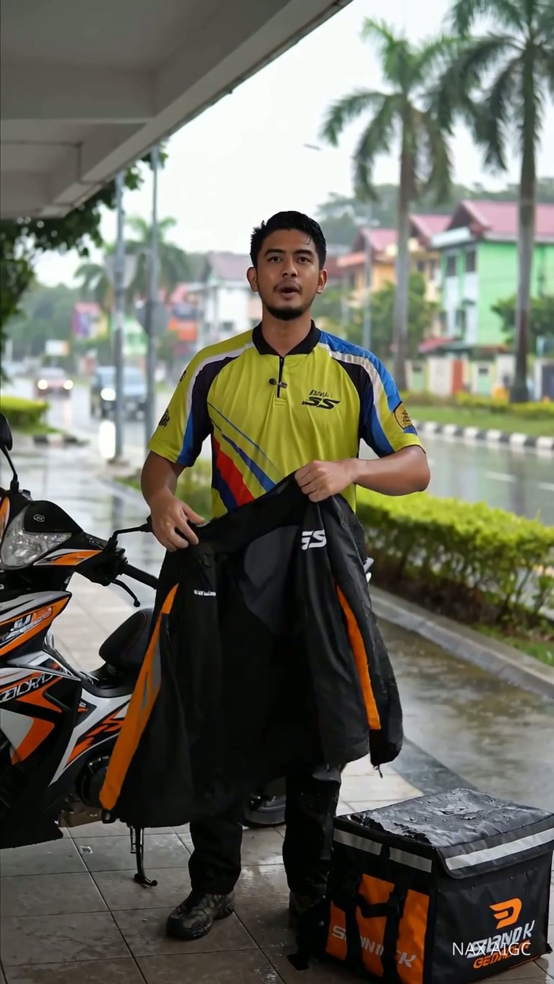 Rider Rain Jacket — Wet Walkway Test — AI generated 9:16 film frame