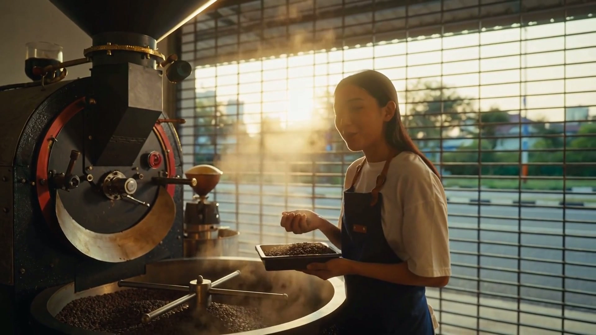 You Can Smell When It's Ready — Coffee Roastery — AI generated 16:9 film frame