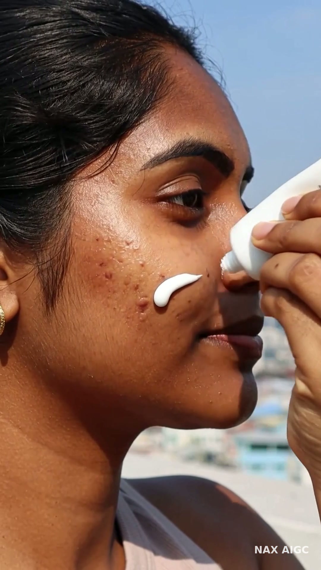 Sunscreen — No White Cast Test (9:16) — AI generated 9:16 film frame