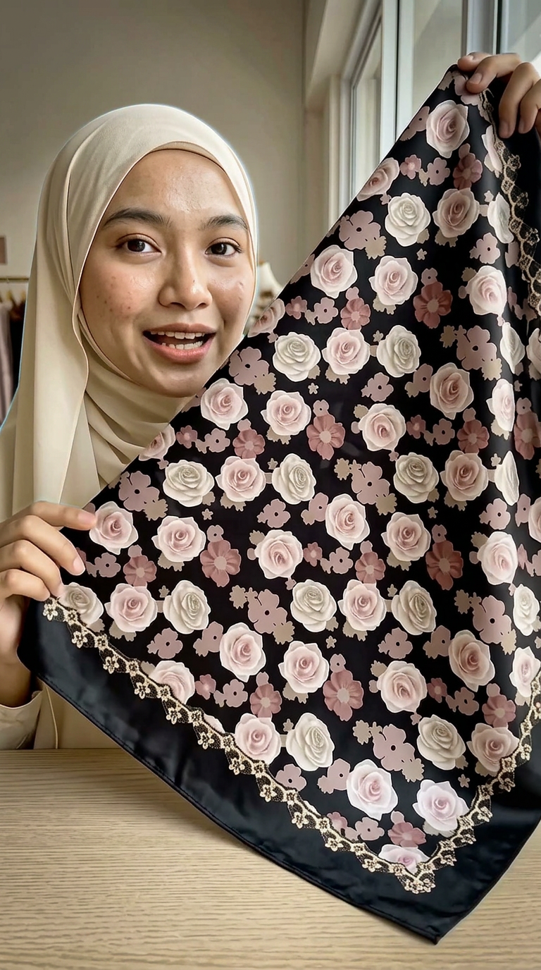 Tudung Black Yushfa — Texture Close-Up — AI generated 9:16 film frame