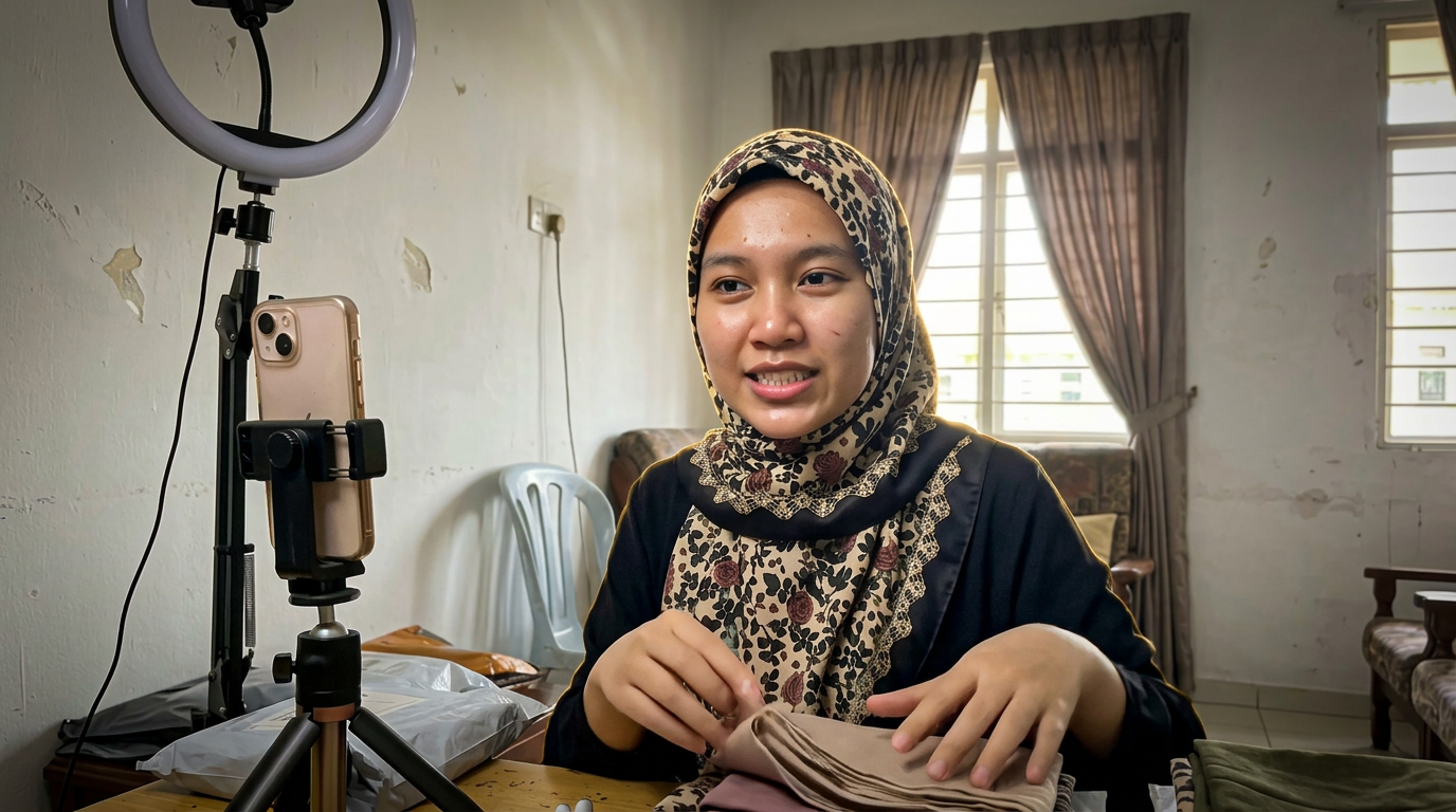 Tudung Close-Up — Rose Lace Design (16:9) — AI generated 16:9 film frame