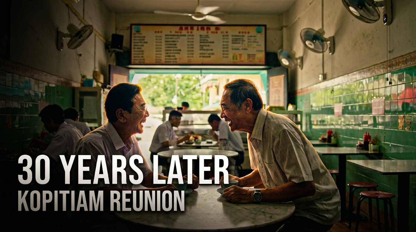 Thirty Years — Kopitiam Reunion — AI generated 16:9 film frame
