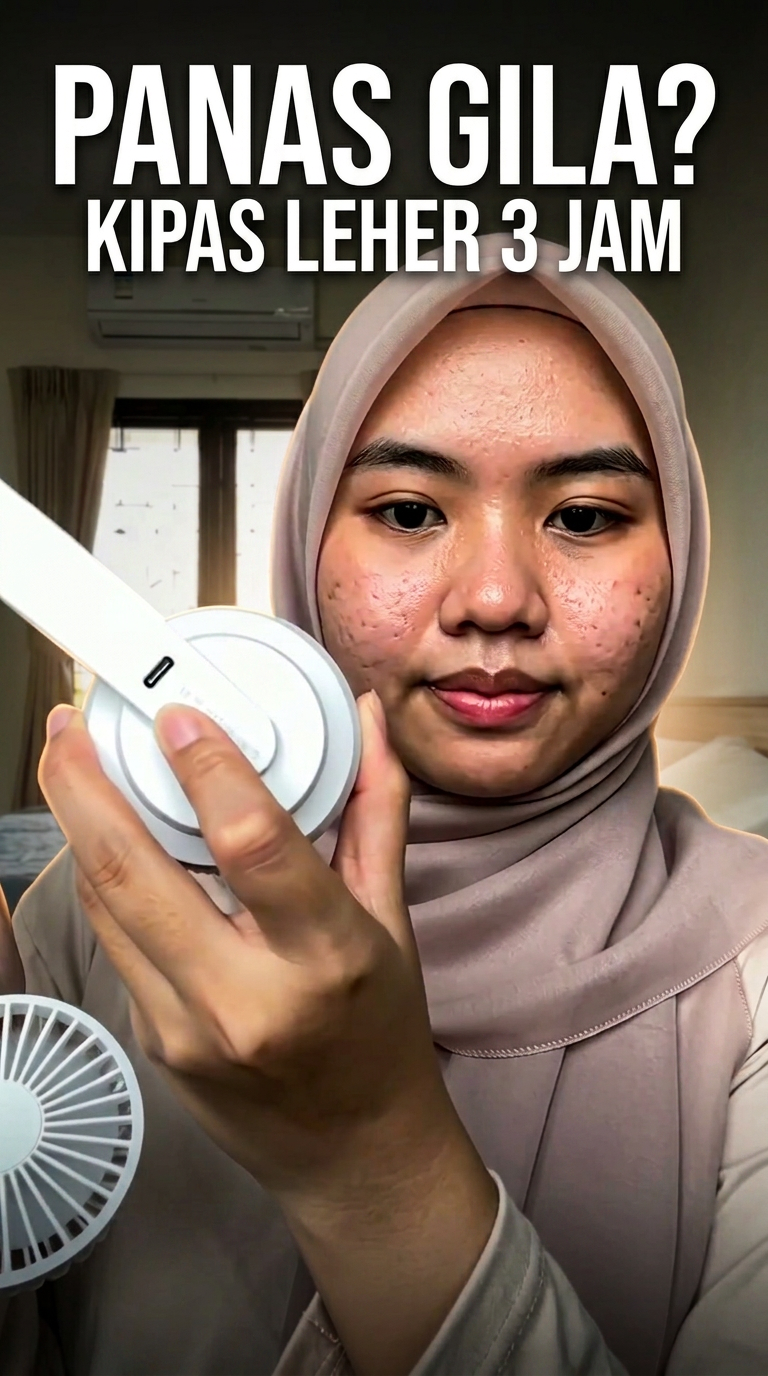 Neck Fan — Panas Gila Test — AI generated 9:16 film frame