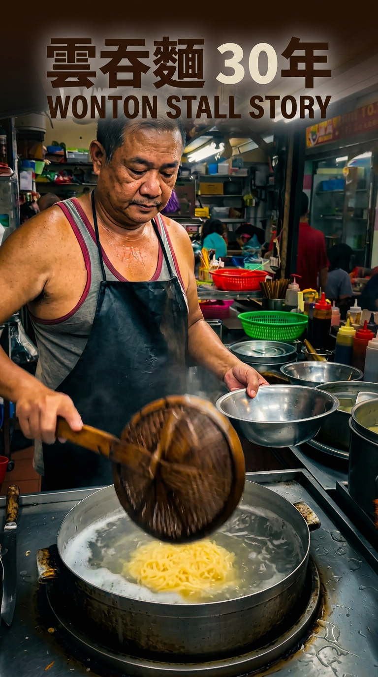 Wantan Mee Stall — 撈麵 Two-Shot — AI generated 9:16 film frame
